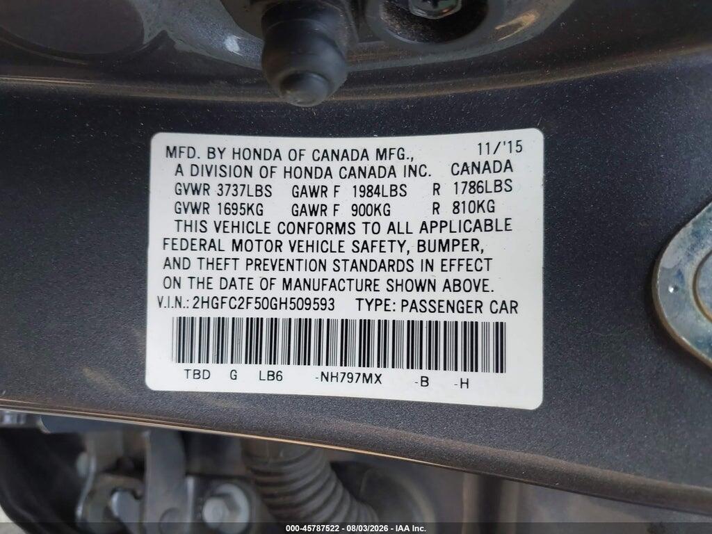 2HGFC2F50GH509593 2016 HONDA CIVIC photo no. 9