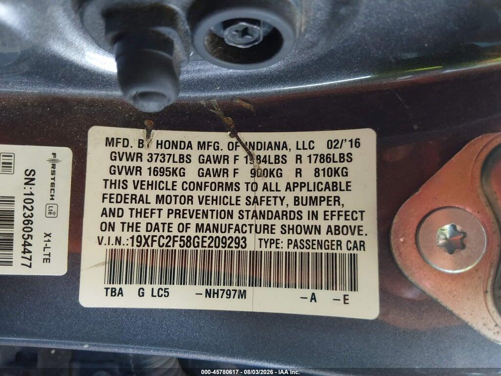 19XFC2F58GE209293 2016 HONDA CIVIC photo no. 9