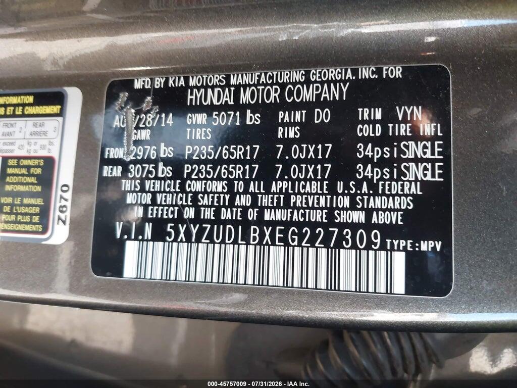 5XYZUDLBXEG227309 2014 HYUNDAI SANTA FE SPORT photo no. 9