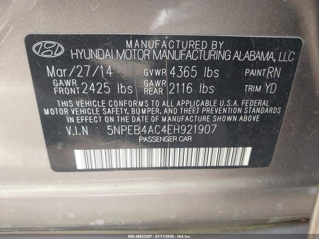 5NPEB4AC4EH921907 2014 HYUNDAI SONATA photo no. 9