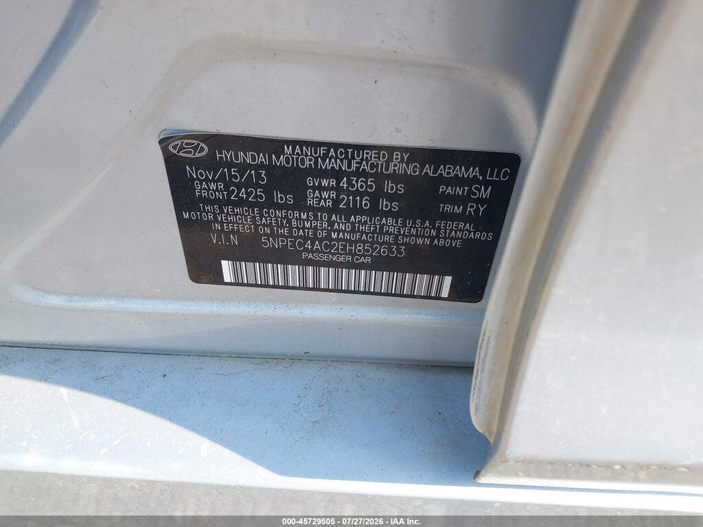 5NPEC4AC2EH852633 2014 HYUNDAI SONATA photo no. 9