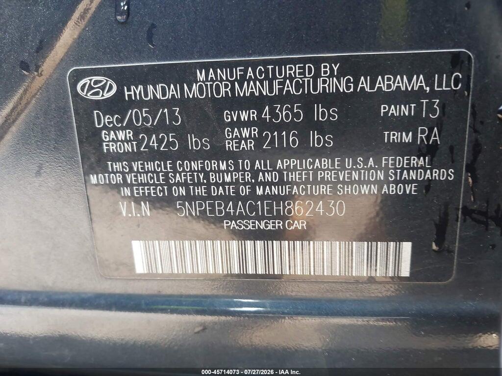 5NPEB4AC1EH862430 2014 HYUNDAI SONATA photo no. 9