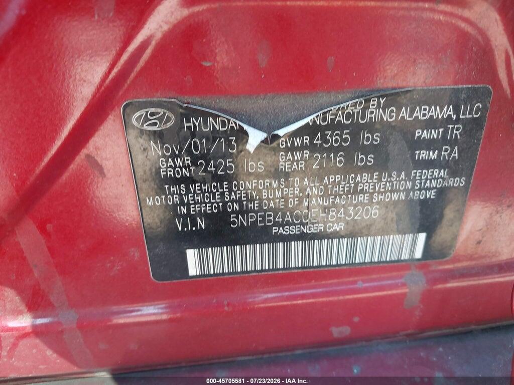 5NPEB4AC0EH843206 2014 HYUNDAI SONATA photo no. 9