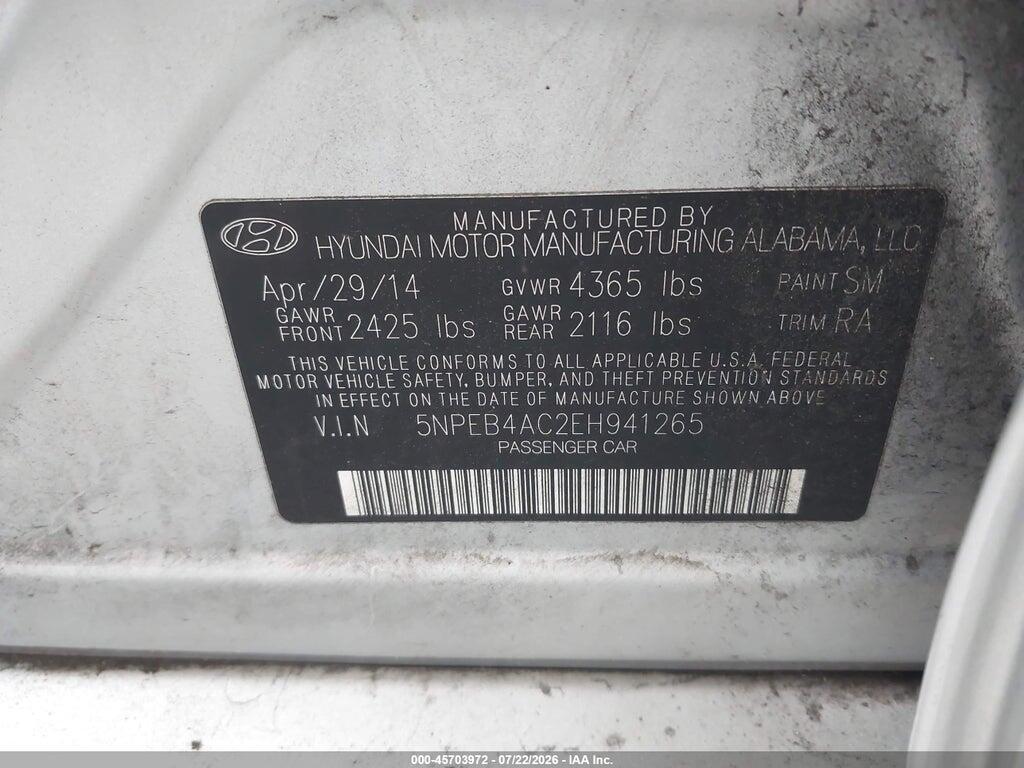 5NPEB4AC2EH941265 2014 HYUNDAI SONATA photo no. 9