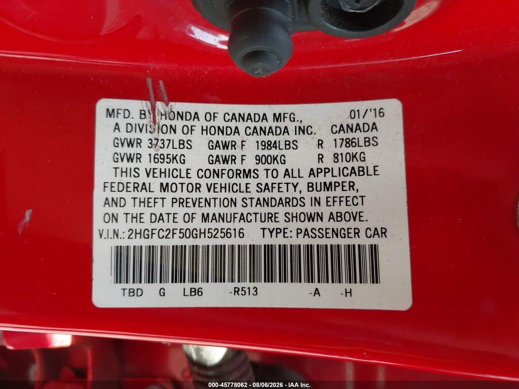 2HGFC2F50GH525616 2016 HONDA CIVIC photo no. 9