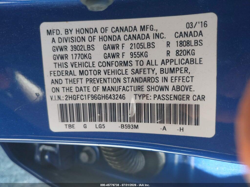 2HGFC1F96GH643246 2016 HONDA CIVIC photo no. 9