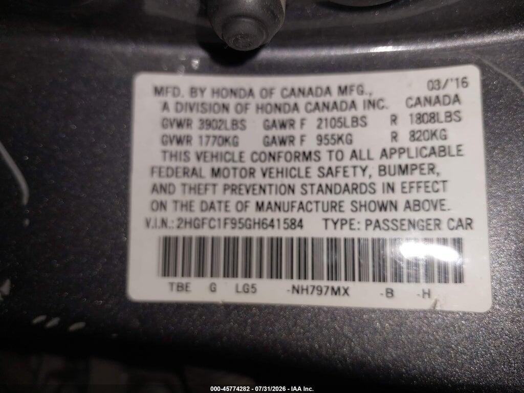 2HGFC1F95GH641584 2016 HONDA CIVIC photo no. 9