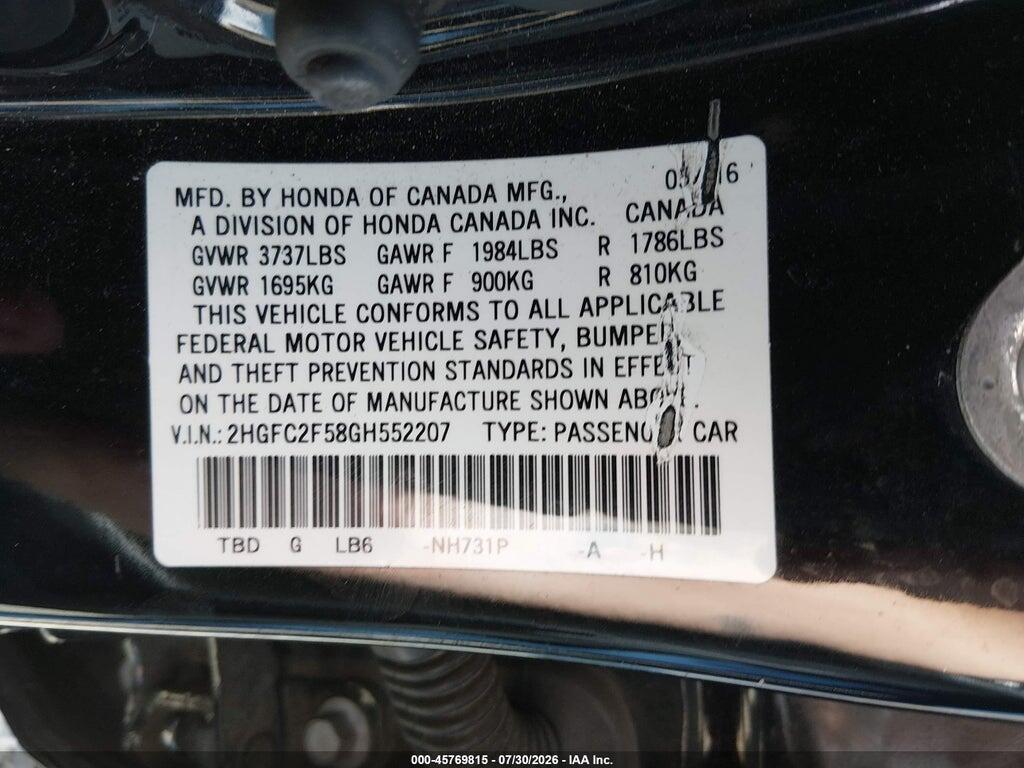 2HGFC2F58GH552207 2016 HONDA CIVIC photo no. 9