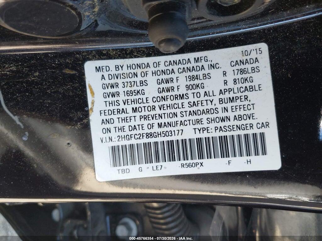 2HGFC2F88GH503177 2016 HONDA CIVIC photo no. 9