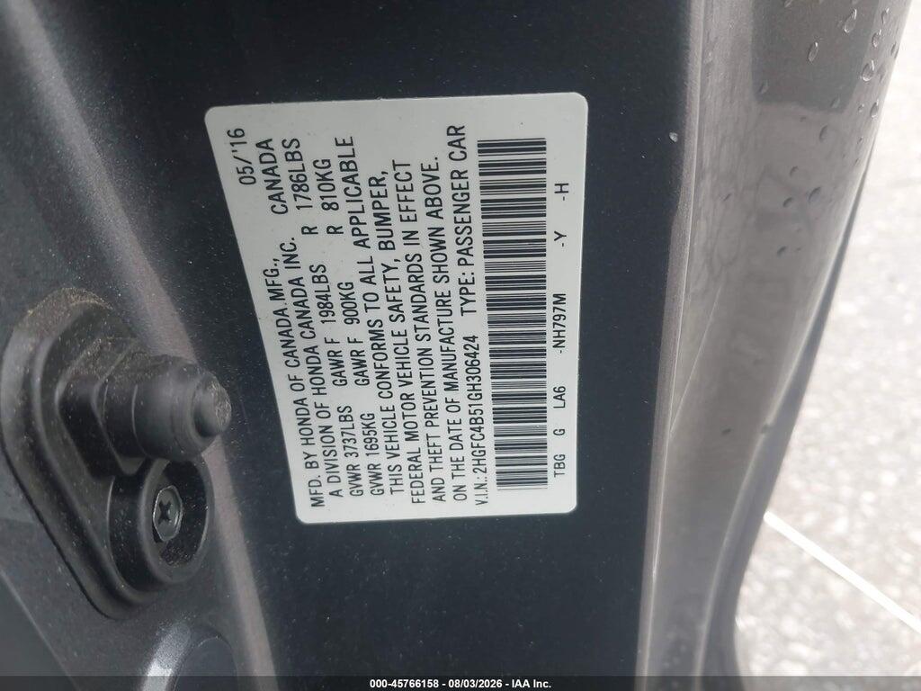 2HGFC4B51GH306424 2016 HONDA CIVIC photo no. 9