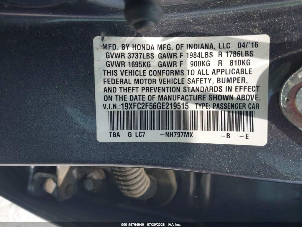 19XFC2F56GE219515 2016 HONDA CIVIC photo no. 9