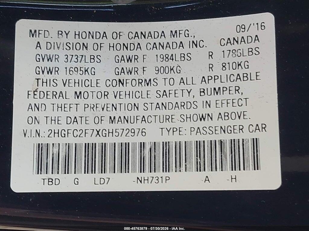 2HGFC2F7XGH572976 2016 HONDA CIVIC photo no. 9
