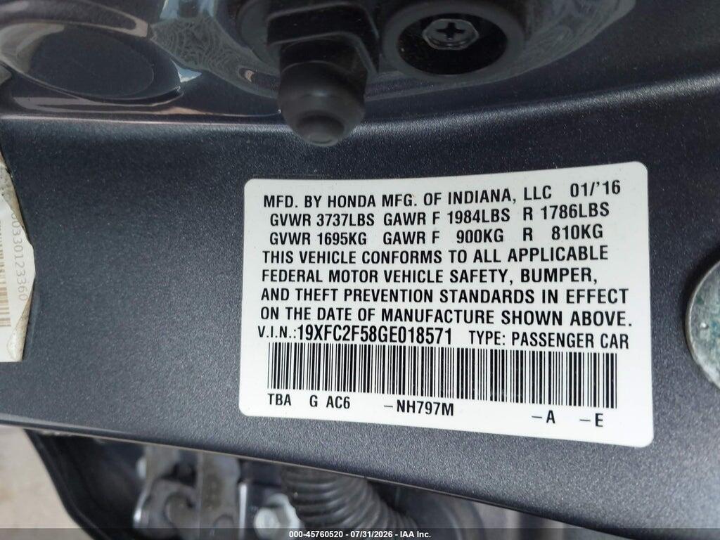 19XFC2F58GE018571 2016 HONDA CIVIC photo no. 9