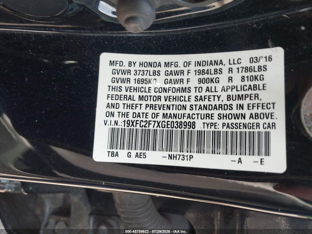 19XFC2F7XGE038998 2016 HONDA CIVIC photo no. 9