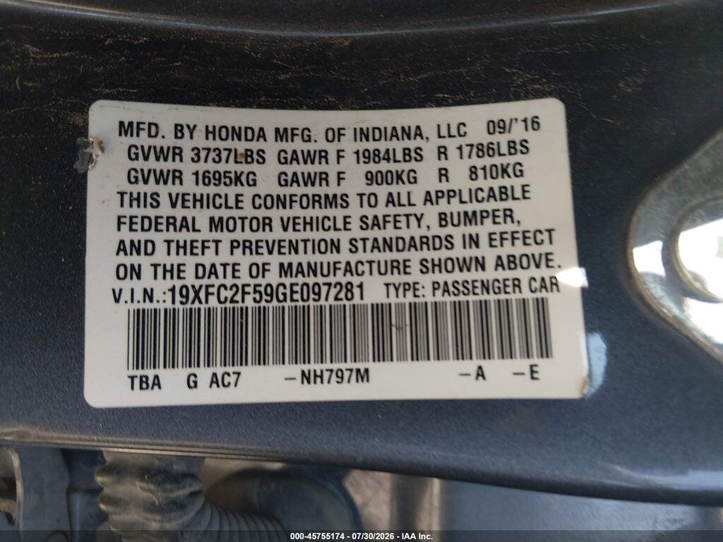 19XFC2F59GE097281 2016 HONDA CIVIC photo no. 9
