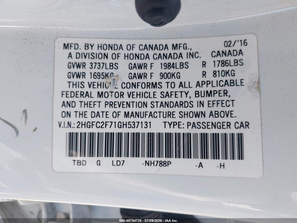 2HGFC2F71GH537131 2016 HONDA CIVIC photo no. 9