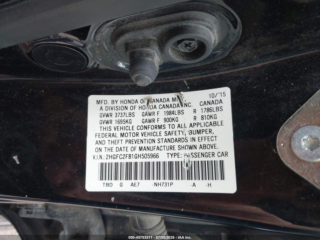 2HGFC2F81GH505966 2016 HONDA CIVIC photo no. 9