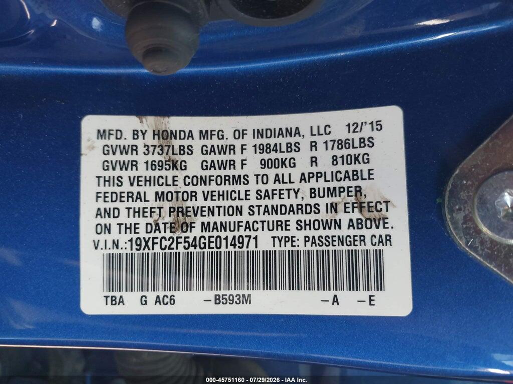19XFC2F54GE014971 2016 HONDA CIVIC photo no. 9