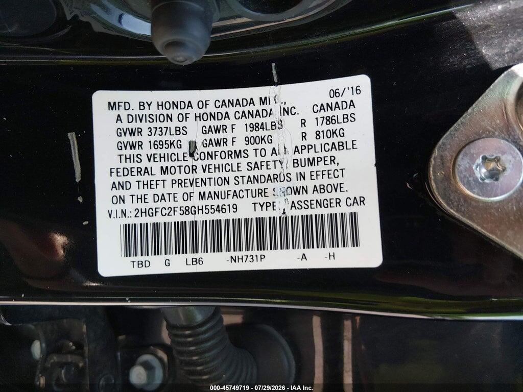 2HGFC2F58GH554619 2016 HONDA CIVIC photo no. 9