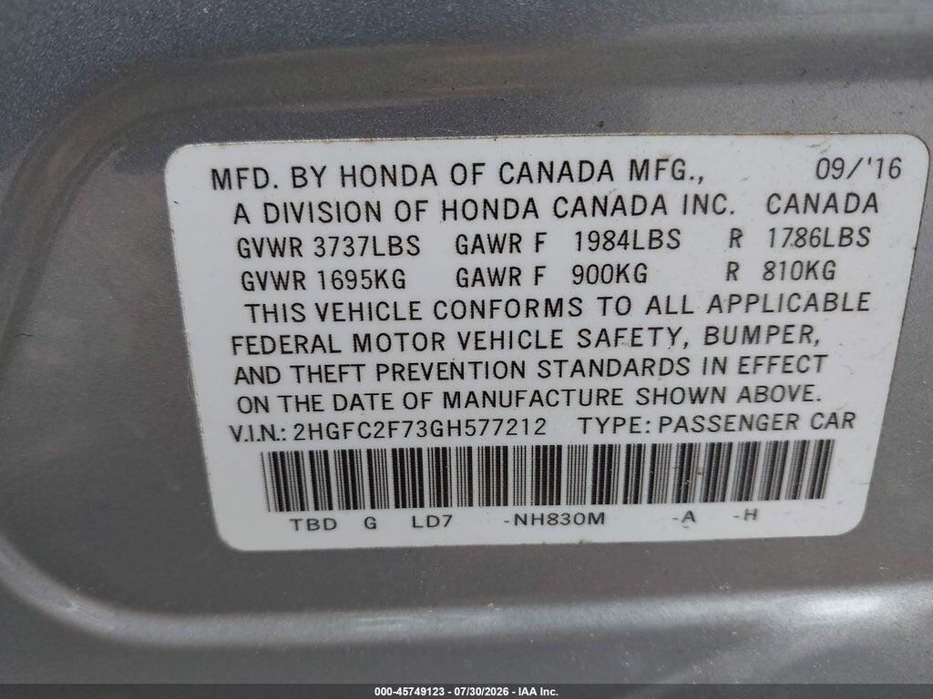 2HGFC2F73GH577212 2016 HONDA CIVIC photo no. 9
