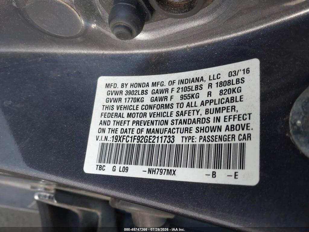 19XFC1F92GE211733 2016 HONDA CIVIC photo no. 9