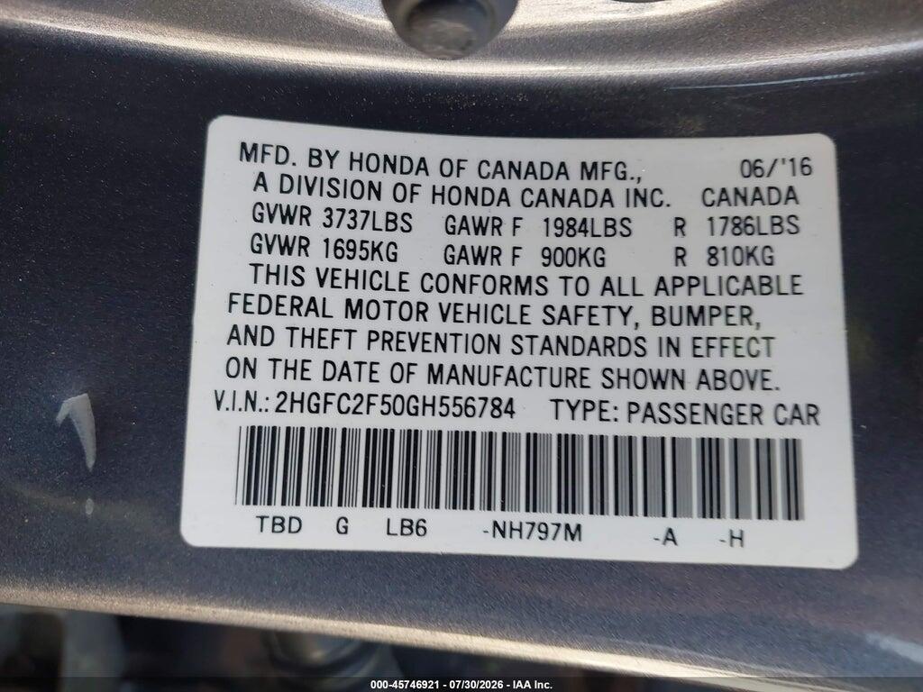 2HGFC2F50GH556784 2016 HONDA CIVIC photo no. 9