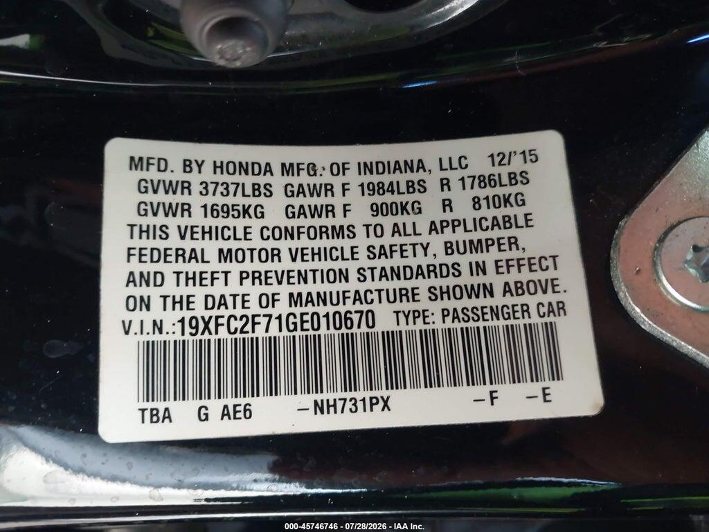 19XFC2F71GE010670 2016 HONDA CIVIC photo no. 9