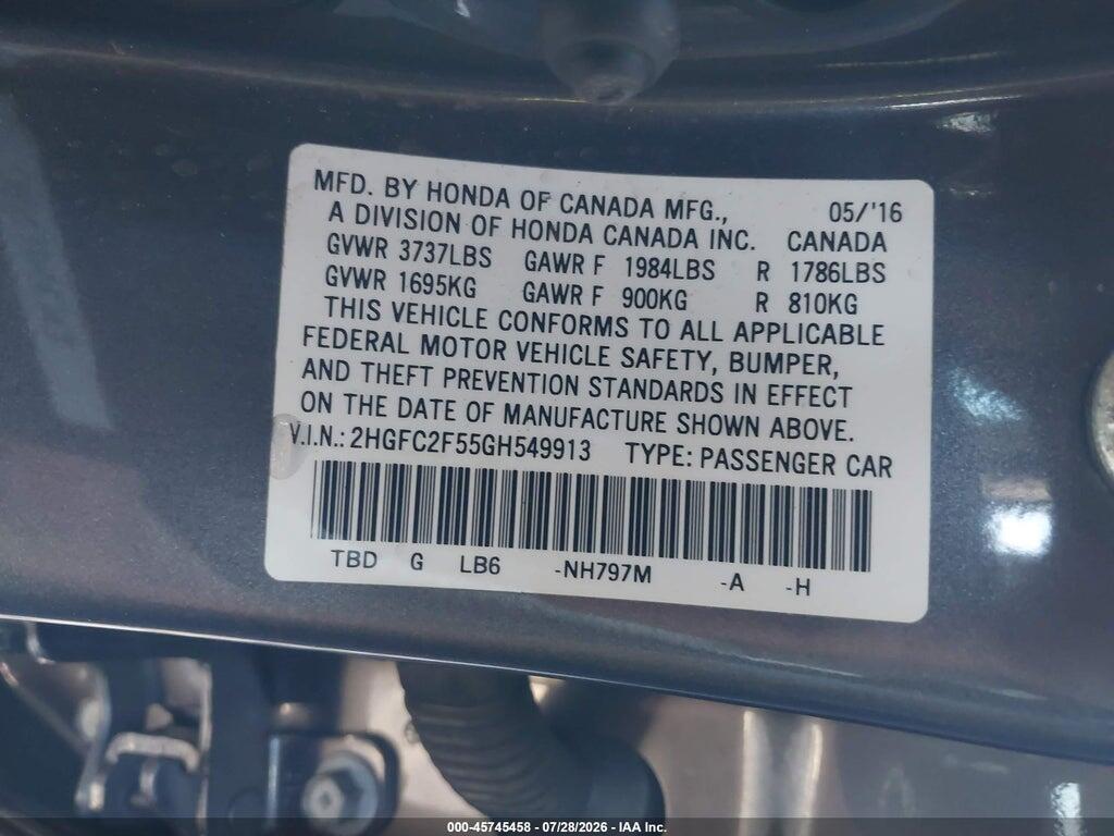 2HGFC2F55GH549913 2016 HONDA CIVIC photo no. 9