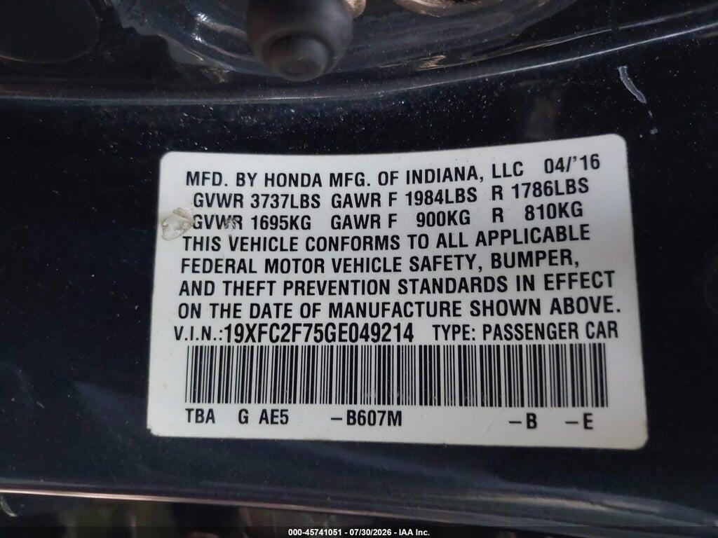 19XFC2F75GE049214 2016 HONDA CIVIC photo no. 9