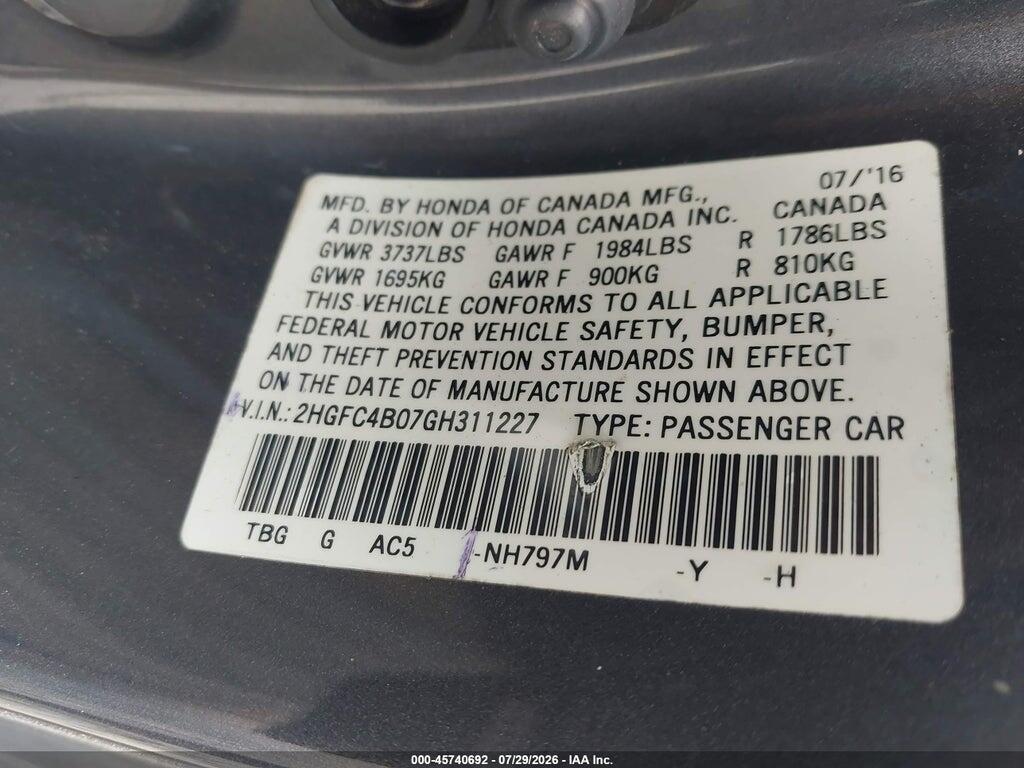 2HGFC4B07GH311227 2016 HONDA CIVIC photo no. 9