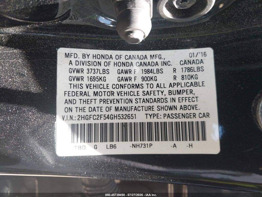 2HGFC2F54GH532651 2016 HONDA CIVIC photo no. 9