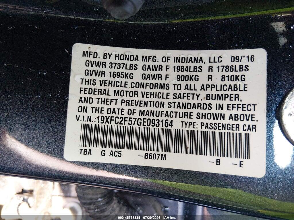 19XFC2F57GE093164 2016 HONDA CIVIC photo no. 9