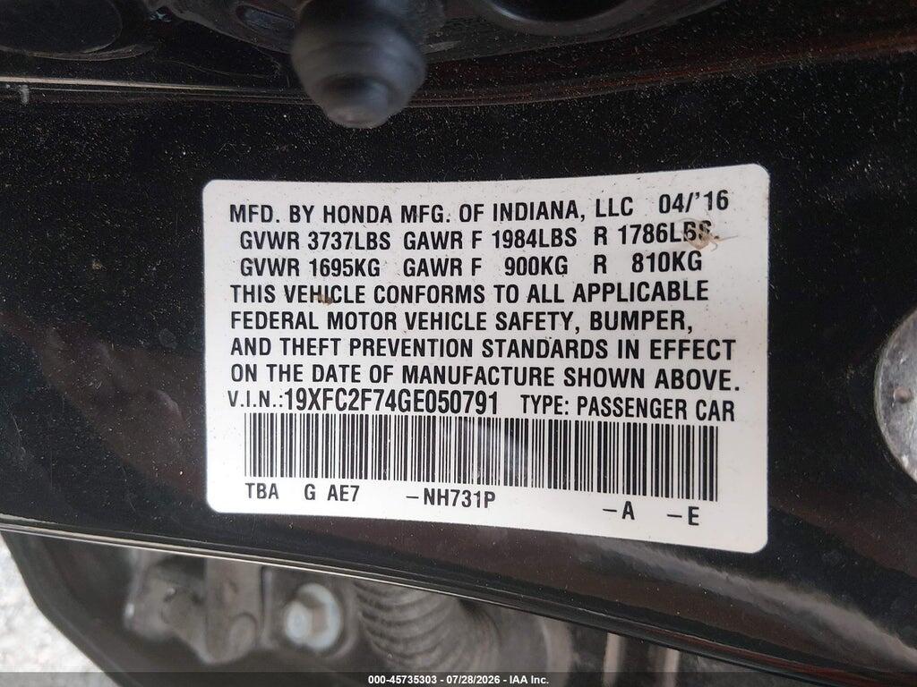 19XFC2F74GE050791 2016 HONDA CIVIC photo no. 9