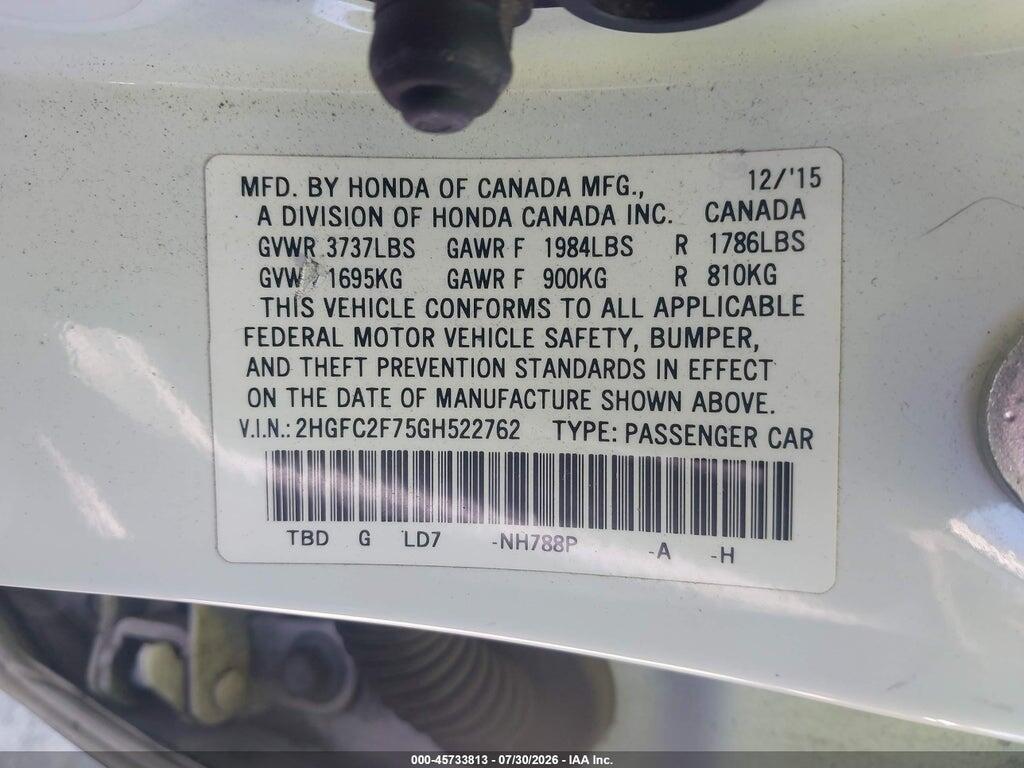 2HGFC2F75GH522762 2016 HONDA CIVIC photo no. 9