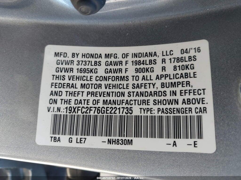 19XFC2F76GE221735 2016 HONDA CIVIC photo no. 9