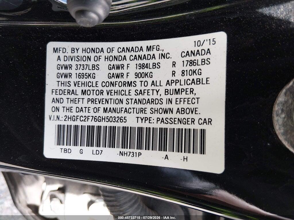 2HGFC2F76GH503265 2016 HONDA CIVIC photo no. 9