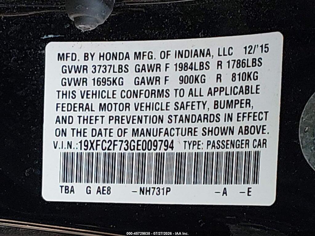 19XFC2F73GE009794 2016 HONDA CIVIC photo no. 9