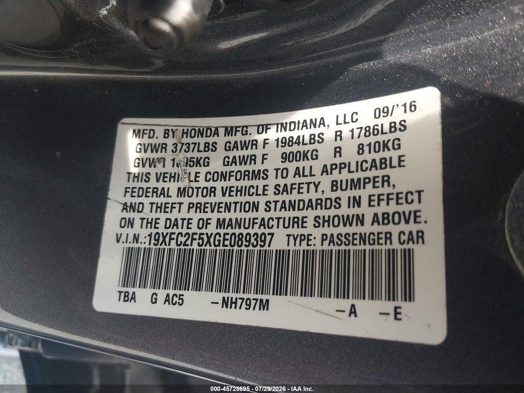 19XFC2F5XGE089397 2016 HONDA CIVIC photo no. 9