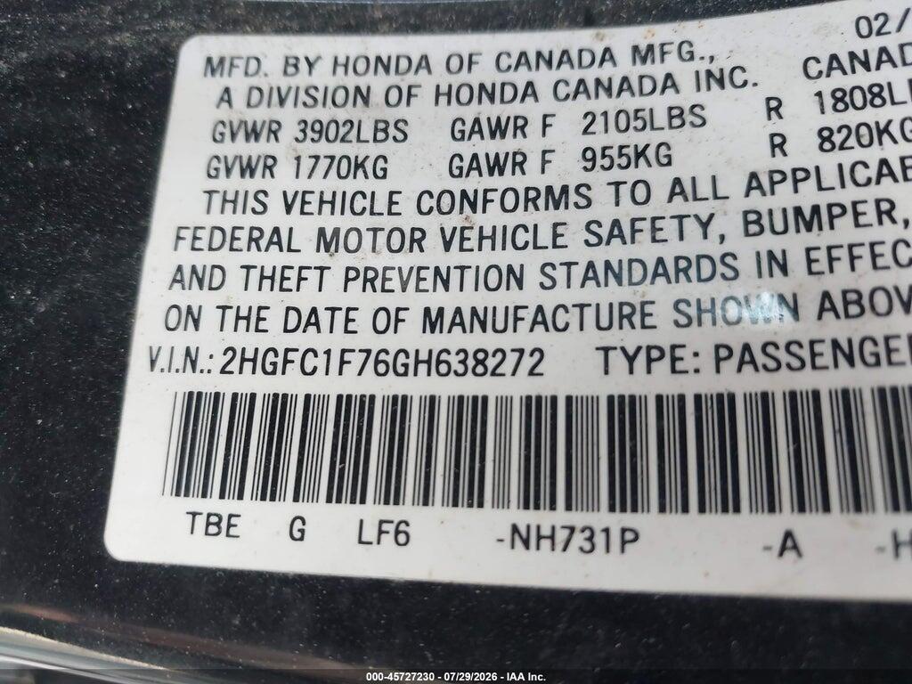 2HGFC1F76GH638272 2016 HONDA CIVIC photo no. 9