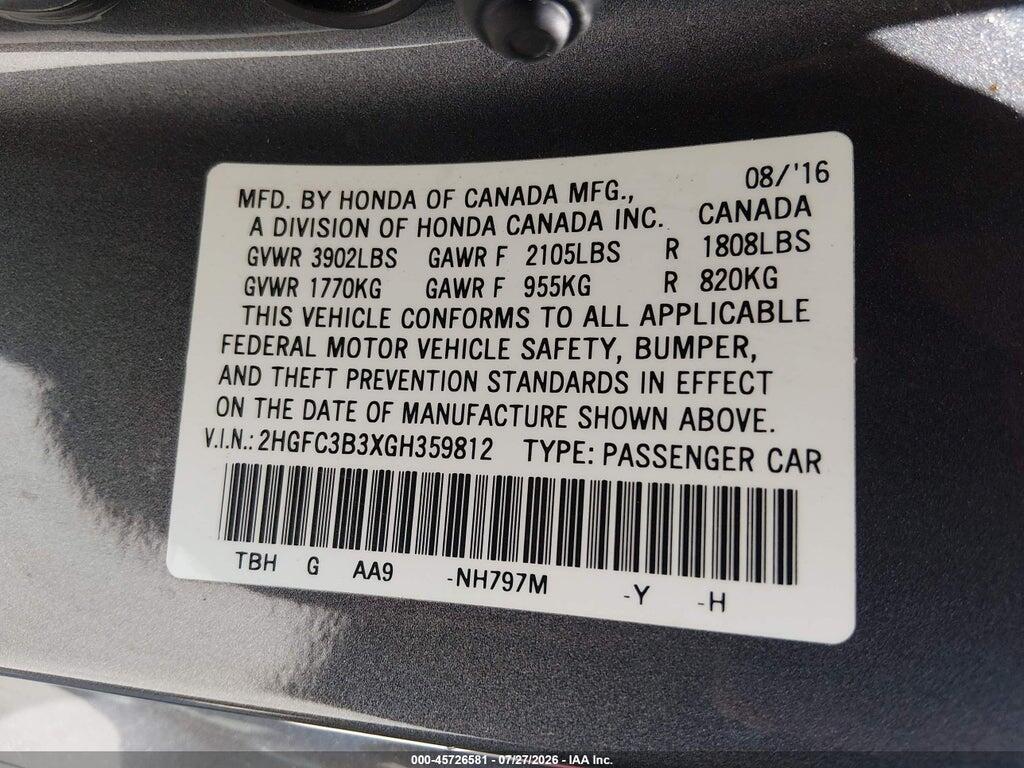 2HGFC3B3XGH359812 2016 HONDA CIVIC photo no. 9