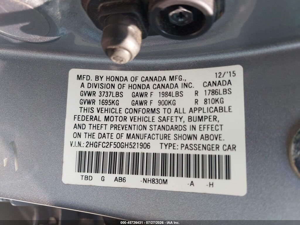 2HGFC2F50GH521906 2016 HONDA CIVIC photo no. 9