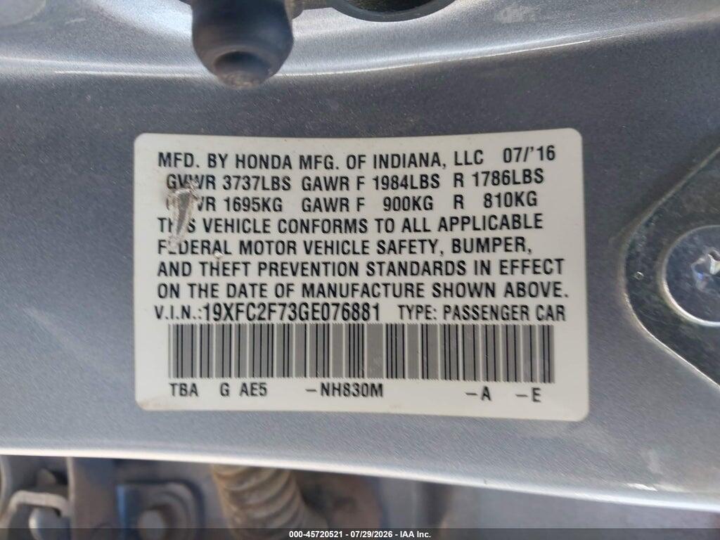 19XFC2F73GE076881 2016 HONDA CIVIC photo no. 9