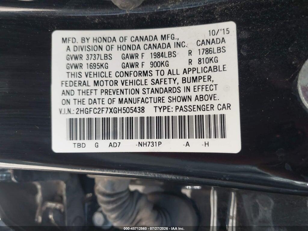 2HGFC2F7XGH505438 2016 HONDA CIVIC photo no. 9