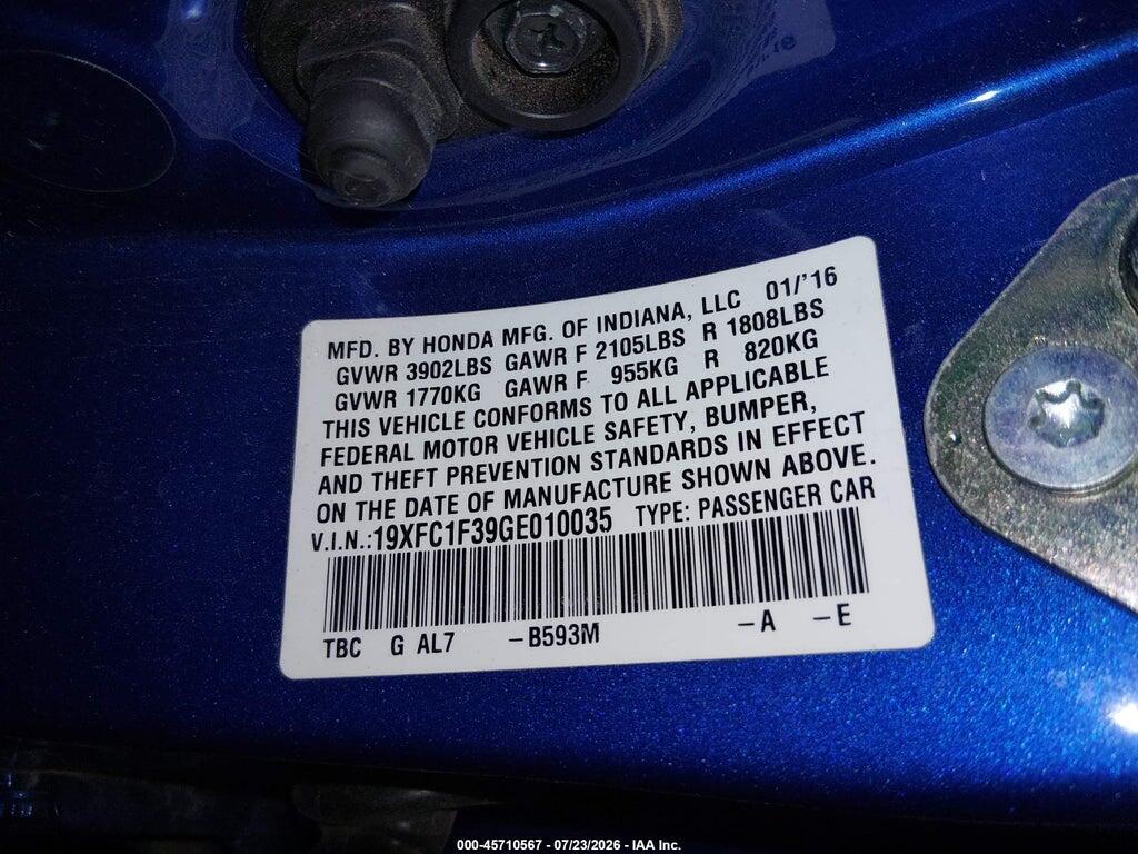 19XFC1F39GE010035 2016 HONDA CIVIC photo no. 9