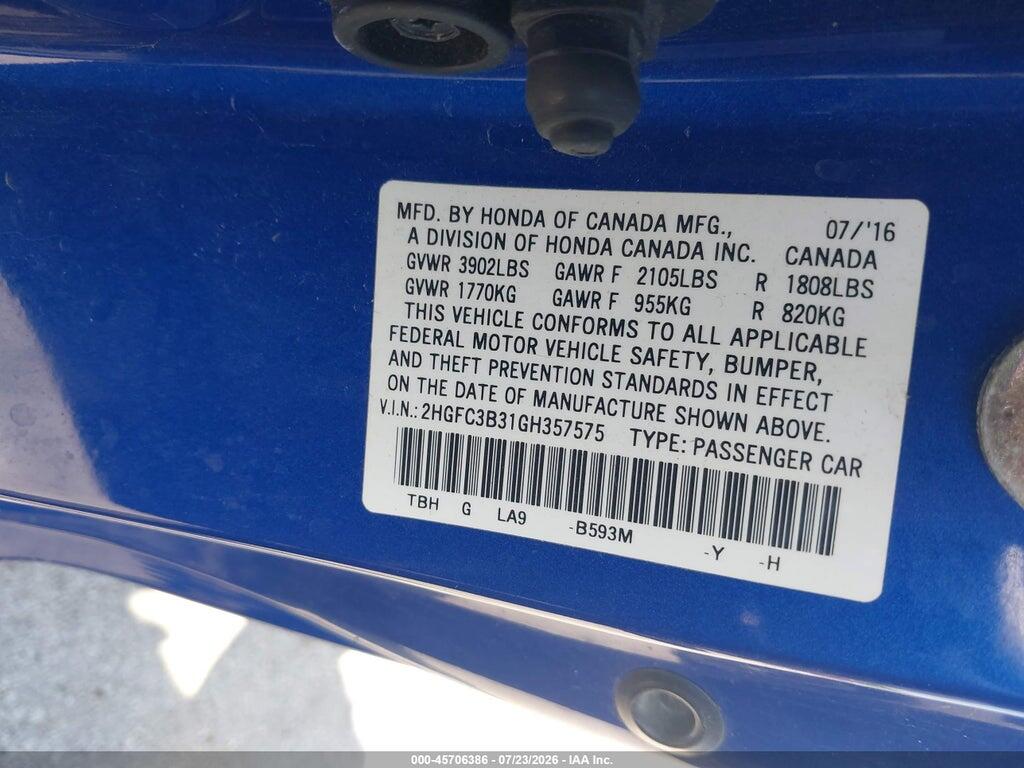 2HGFC3B31GH357575 2016 HONDA CIVIC photo no. 9