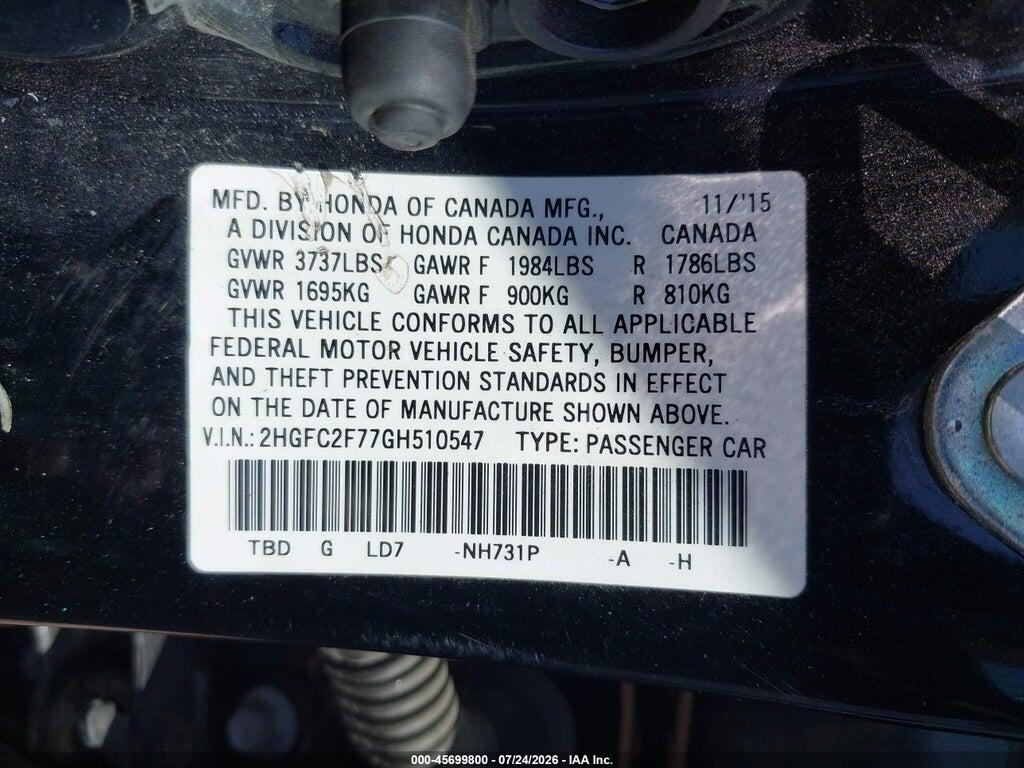 2HGFC2F77GH510547 2016 HONDA CIVIC photo no. 9