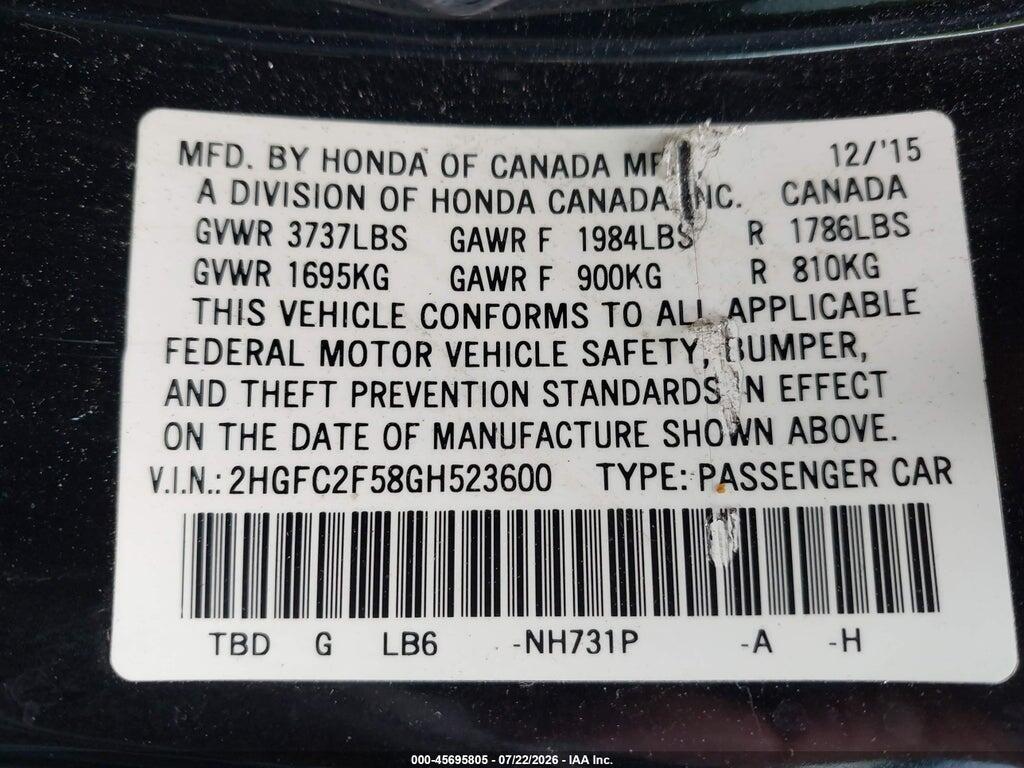 2HGFC2F58GH523600 2016 HONDA CIVIC photo no. 9