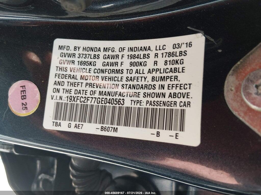 19XFC2F77GE040563 2016 HONDA CIVIC photo no. 9