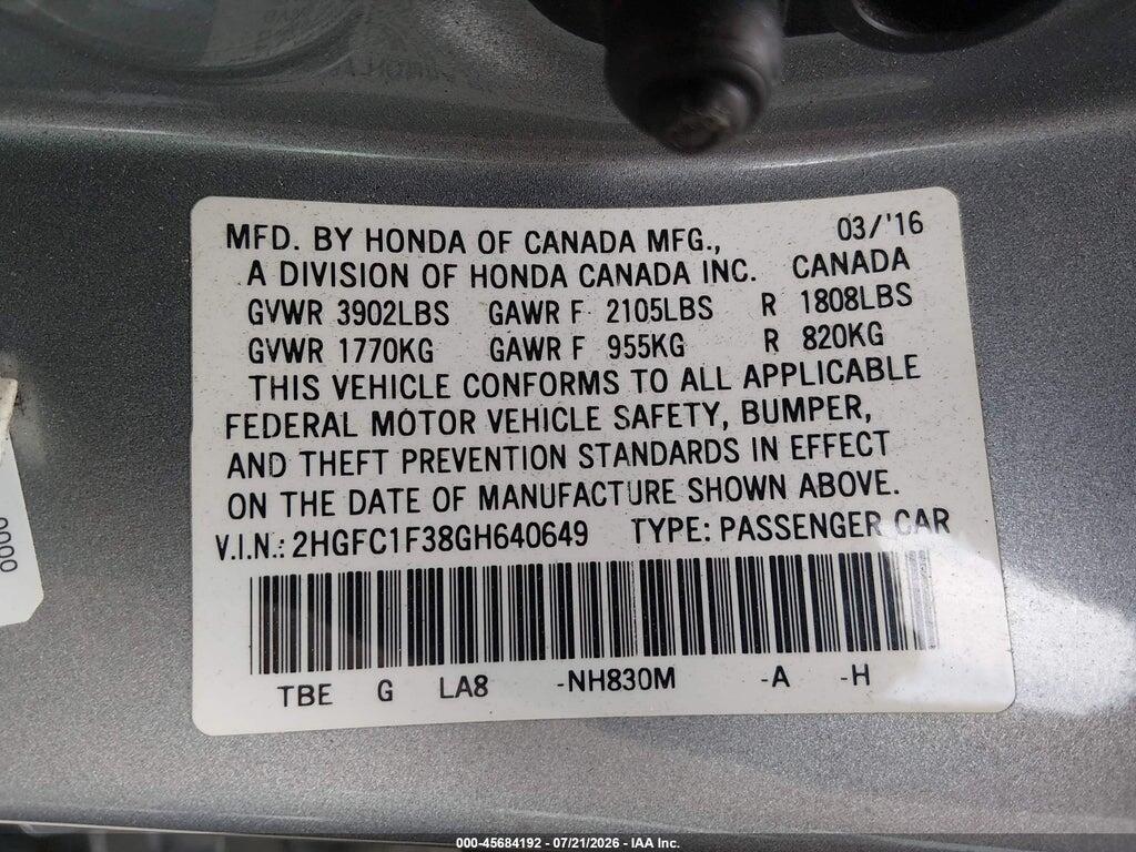 2HGFC1F38GH640649 2016 HONDA CIVIC photo no. 9