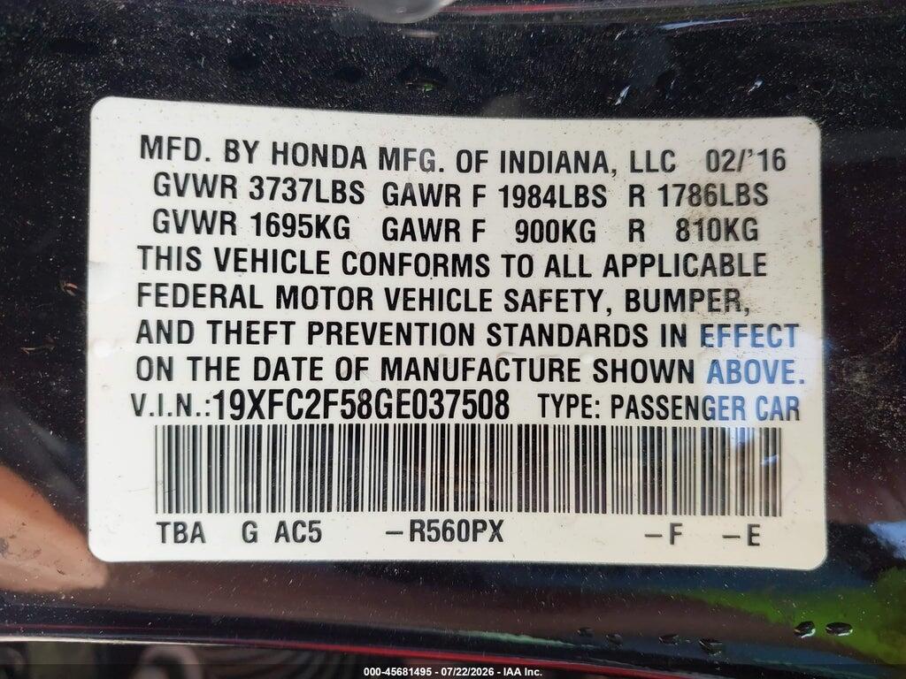 19XFC2F58GE037508 2016 HONDA CIVIC photo no. 9